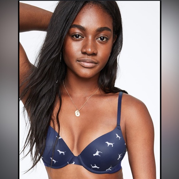 VICTORIA’S SECRET PINK Wear Everywhere Push Up Bra Navy Logo Dog Size 34C - Picture 7 of 8